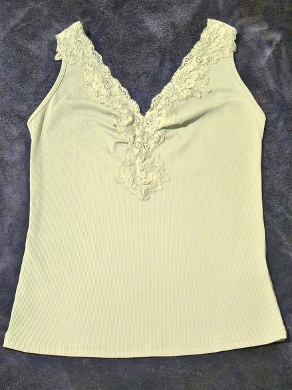 SHEIN Ribbed Floral Lace Trim V-Neck Tank Top Green Small